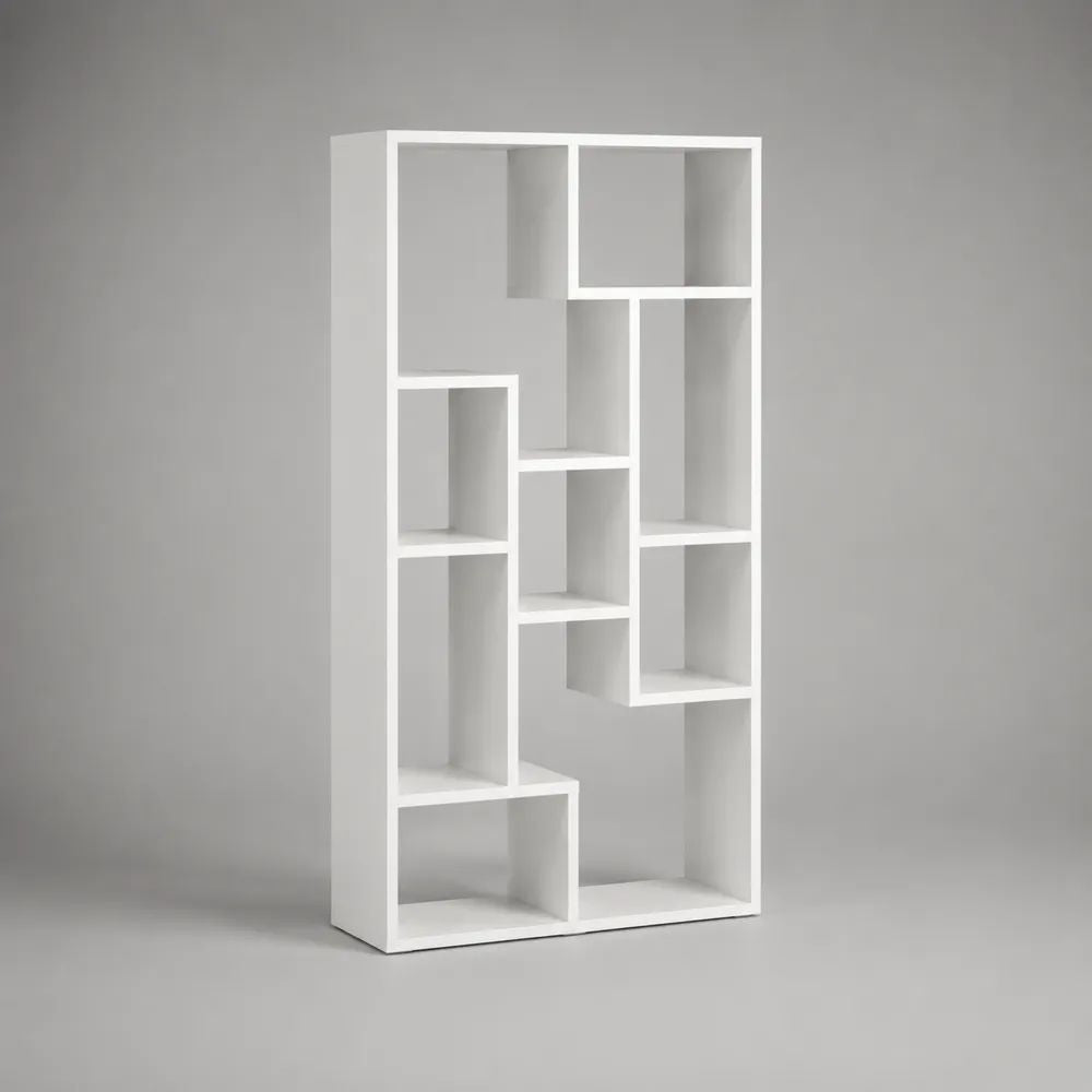Bibliothèque étagère rectangulaire à 10 niches asymétriques en panneaux de particules mélaminés blancs, 80 x 24 x 160 cm