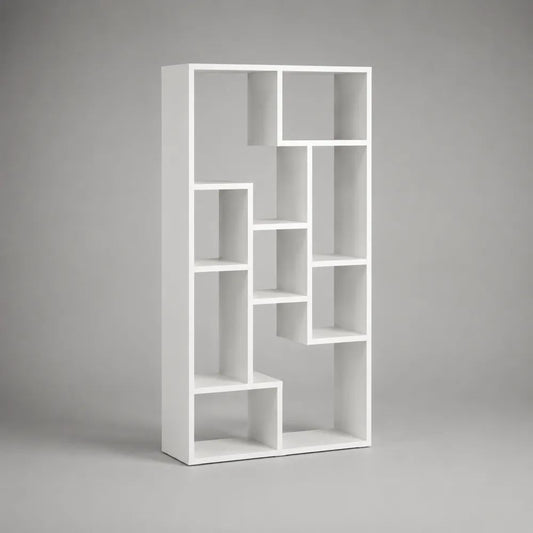 Bibliothèque étagère rectangulaire à 10 niches asymétriques en panneaux de particules mélaminés blancs, 80 x 24 x 160 cm
