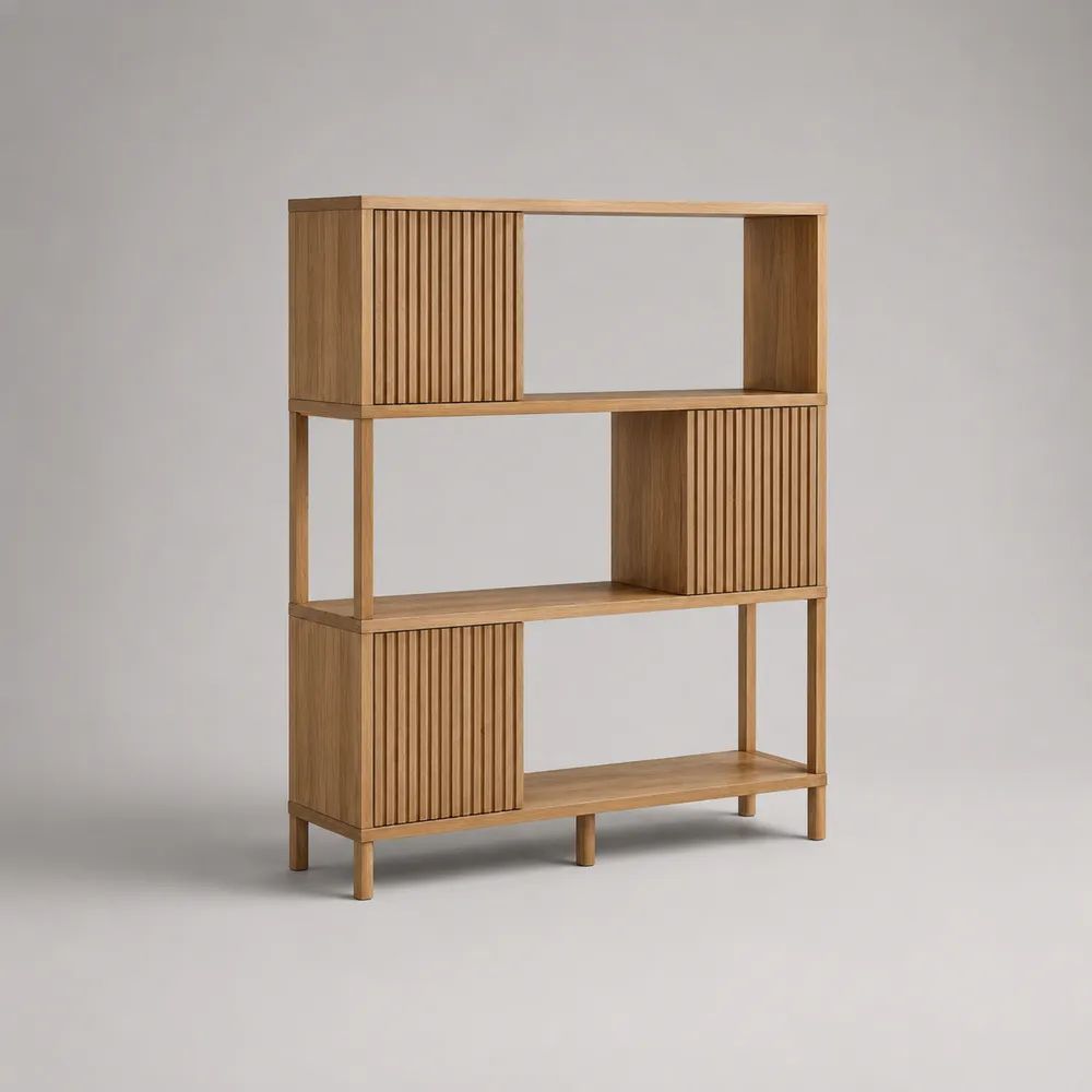 Bibliothèque étagère rectangulaire en MDF plaqué chêne naturel, 3 niches et 3 compartiments fermés, 120 × 35 × 160 cm