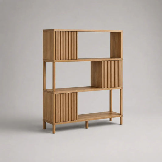 Bibliothèque étagère rectangulaire en MDF plaqué chêne naturel, 3 niches et 3 compartiments fermés, 120 × 35 × 160 cm