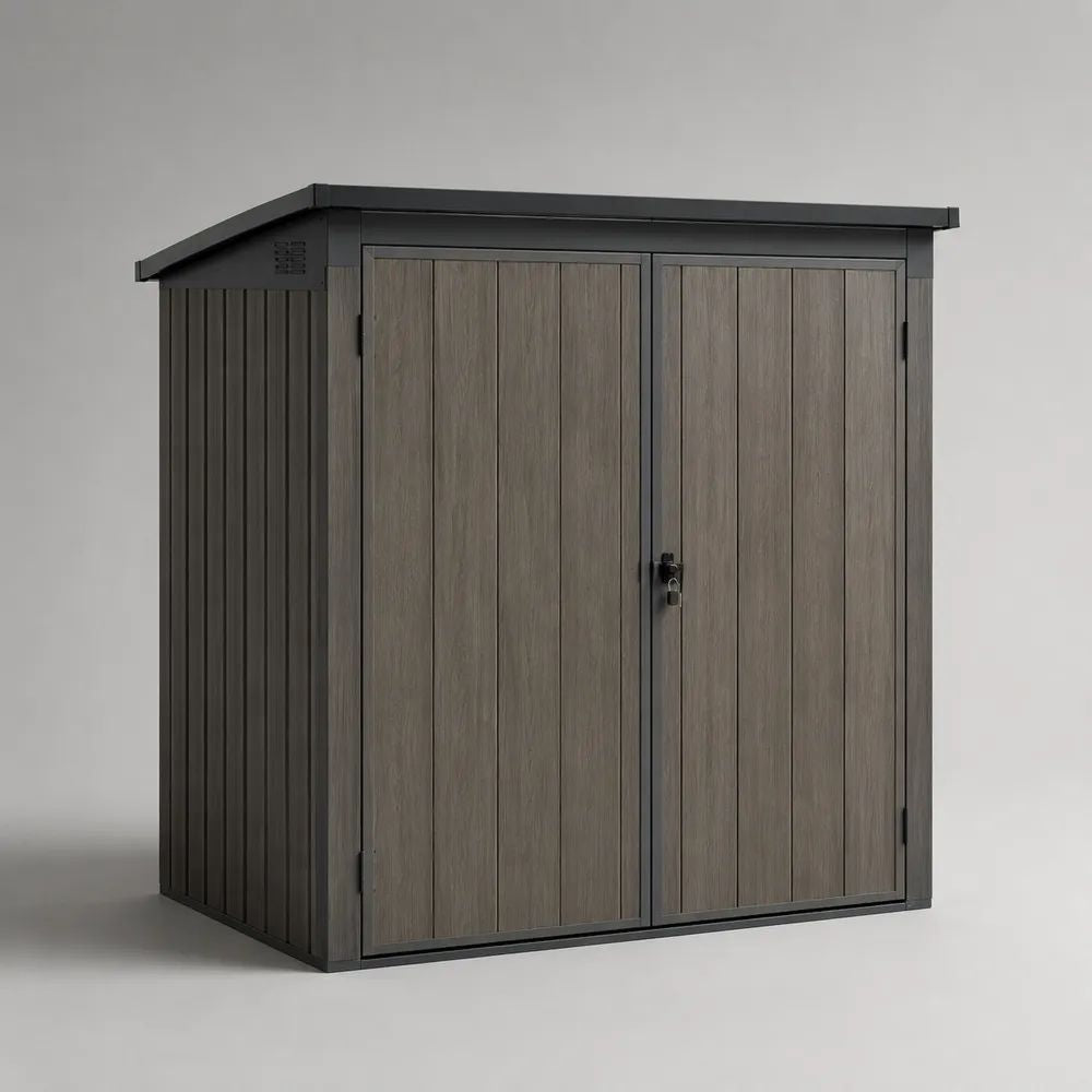 Abri de jardin extérieur verrouillable à double porte en acier galvanisé et bois composite, gris anthracite et brun, 180 × 121 × 190 cm
